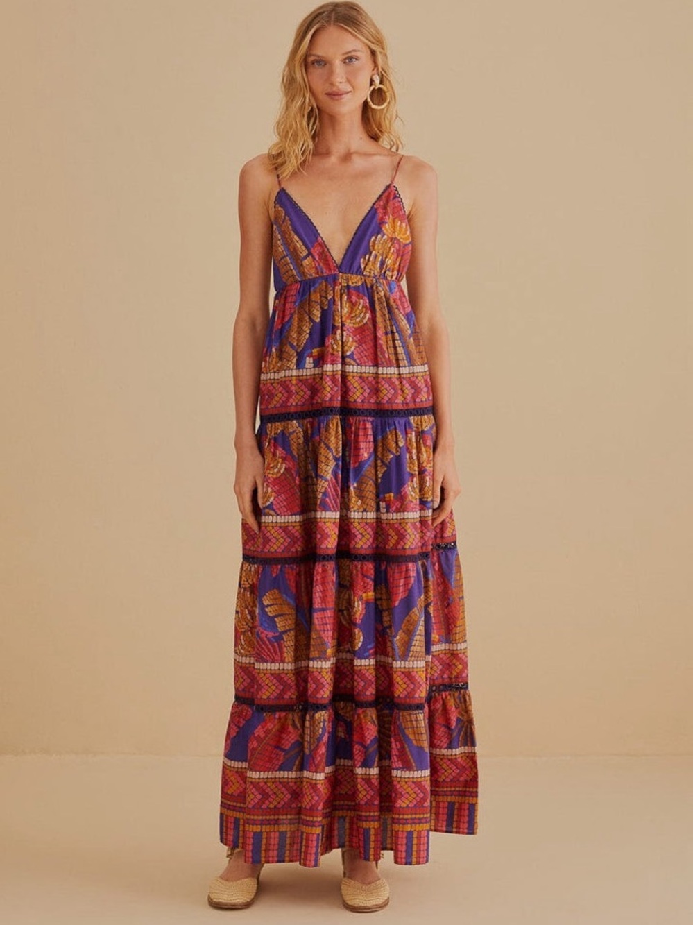 Farm Rio Dresses/Farm Rio Forest Mosaic Blue Sleeveless Maxi Dress